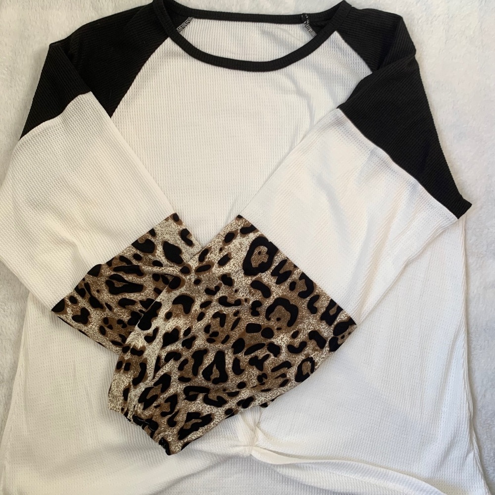 Dolman white black leopard print long sleeve shirt